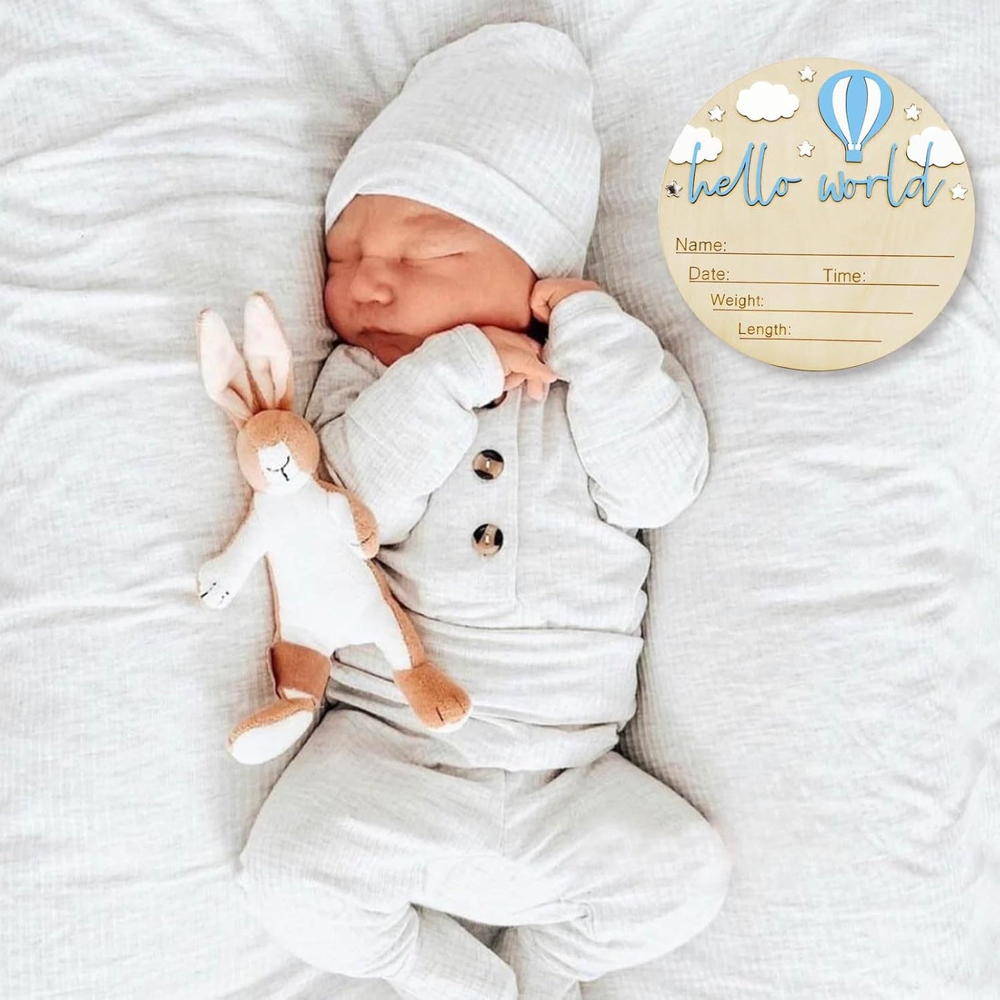 Skiennix Baby Announcement Sign - 5.9 Inch Wooden Hello World Newborn Sign with Hot Air Balloon & Cloud (Blue)