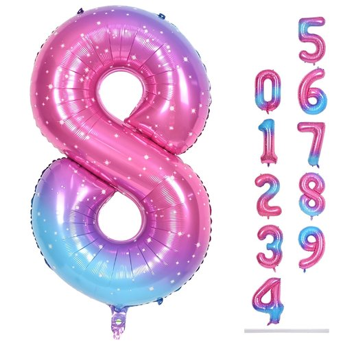 40 Inch Rainbow Foil Balloon Number 8, Giant Self Inflating Gradient Blue Pink Number Balloons 0-9 for Women, Starry Print 8 Helium Balloons Set for Girls 8th Birthday Party Decorations Supplies
