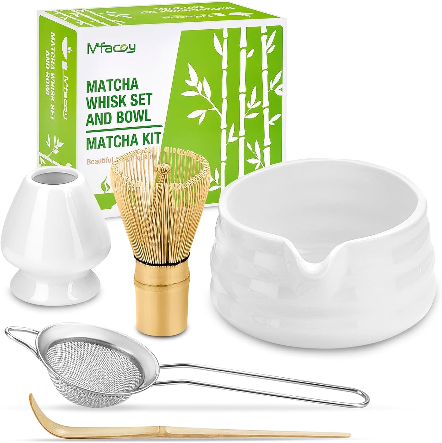 Matcha Whisk Set - Japanese Tea Set (5pcs) with Bowl, Bamboo Whisk, Scoop & Sifter