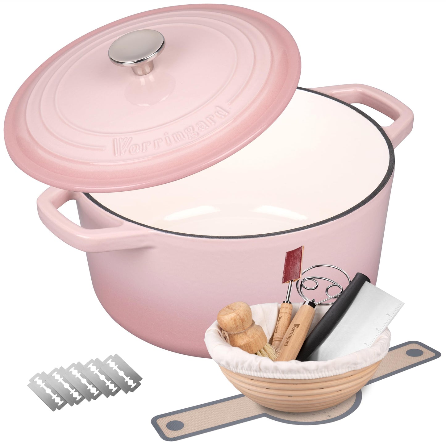 VORRINGARD Enameled Cast Iron Dutch Oven Pot with Lid, for Bread Baking, Round Bread Oven- include Sourdough Bread Baking Supplies set, 4.5QT, Pink