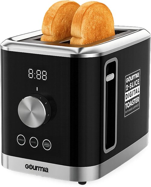 Gourmia 2 Slice Toaster - 6 Browning Levels, Bagel & Defrost Modes, Compact Black Design