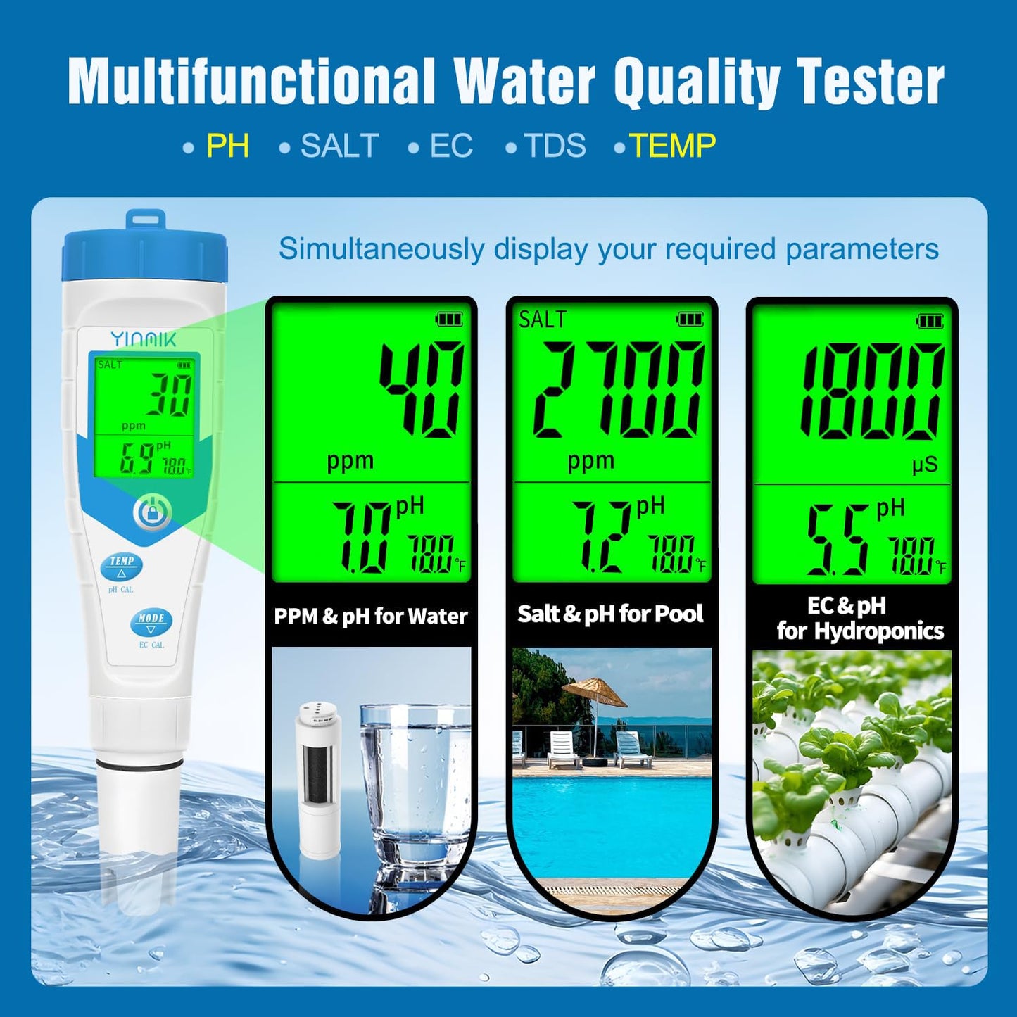 YINMIK pH Meter, Salt Tester Pool, Electronic pH Meter for Hydroponic，pH TDS EC for Water, 5 in 1 EC Temp Salt TDS pH Tester for Saltwater Pool,Hot Tubs,Home Brewing,Aquarium, Hydroponics