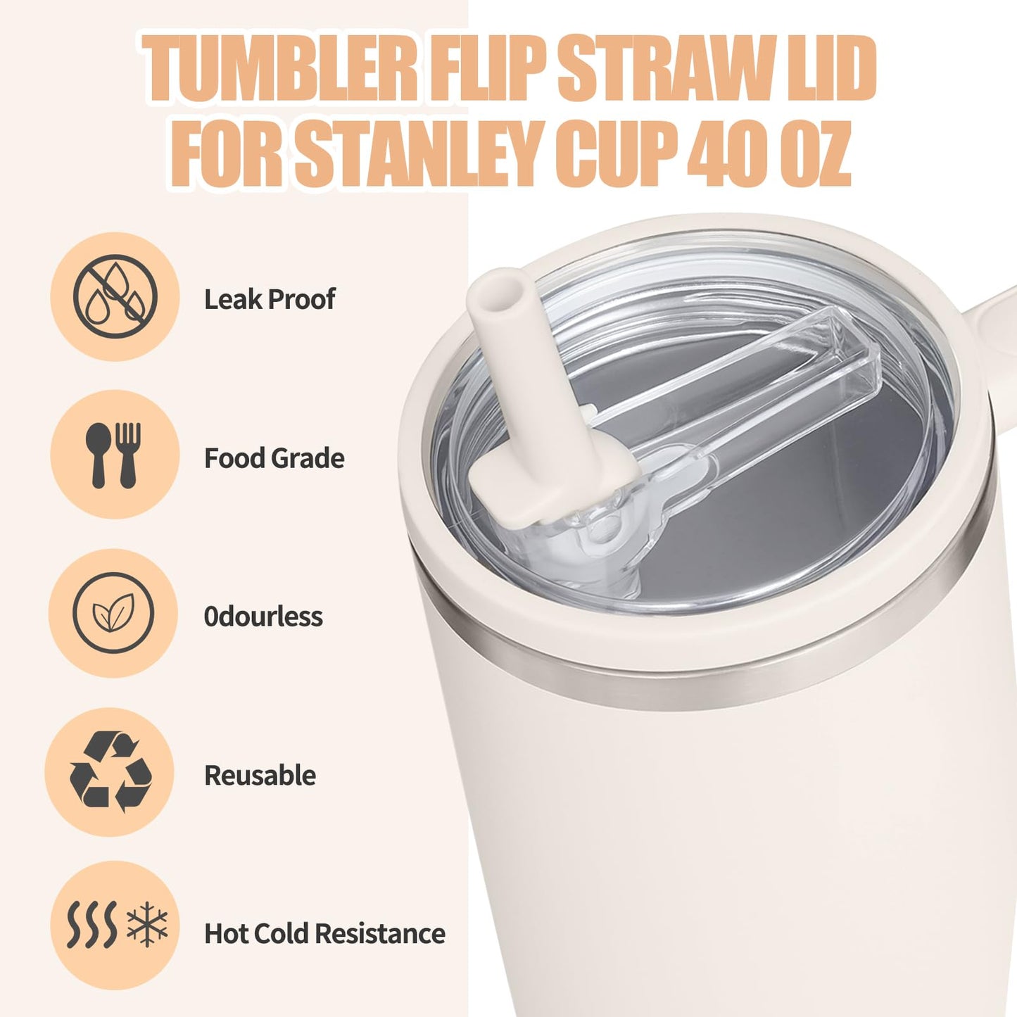 2 Pack 40 oz Tumbler Flip Straw Leak Proof Lid Replacement Fit for Stanley Quencher,40 oz Tumbler Lid Replacement for Stanley Cup,No Spill Proof Straw Cover for Stanley Cup Accessories (Cream White)