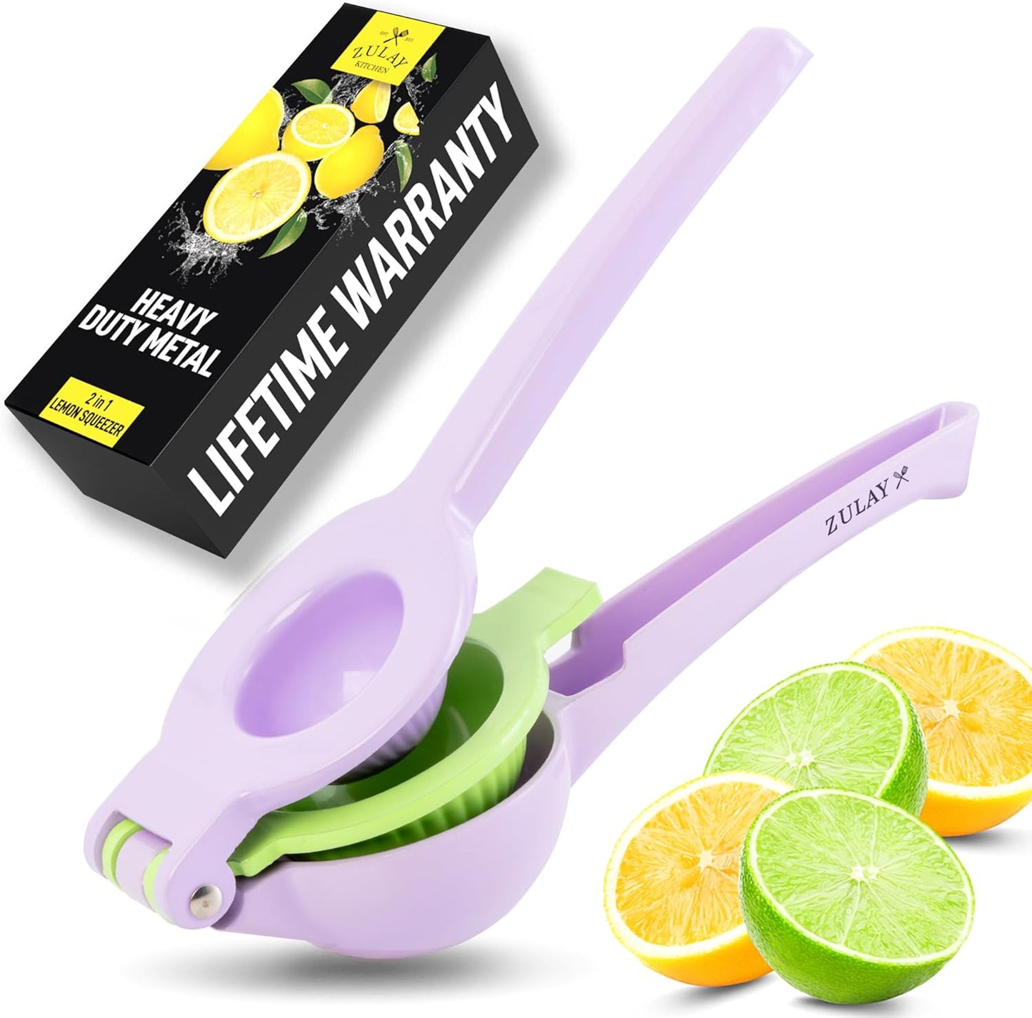 Zulay Kitchen 2-in-1 Lemon Squeezer - Sturdy Hand Juicer for Maximum Juice Extraction - Easy to Clean - Purple/Lime