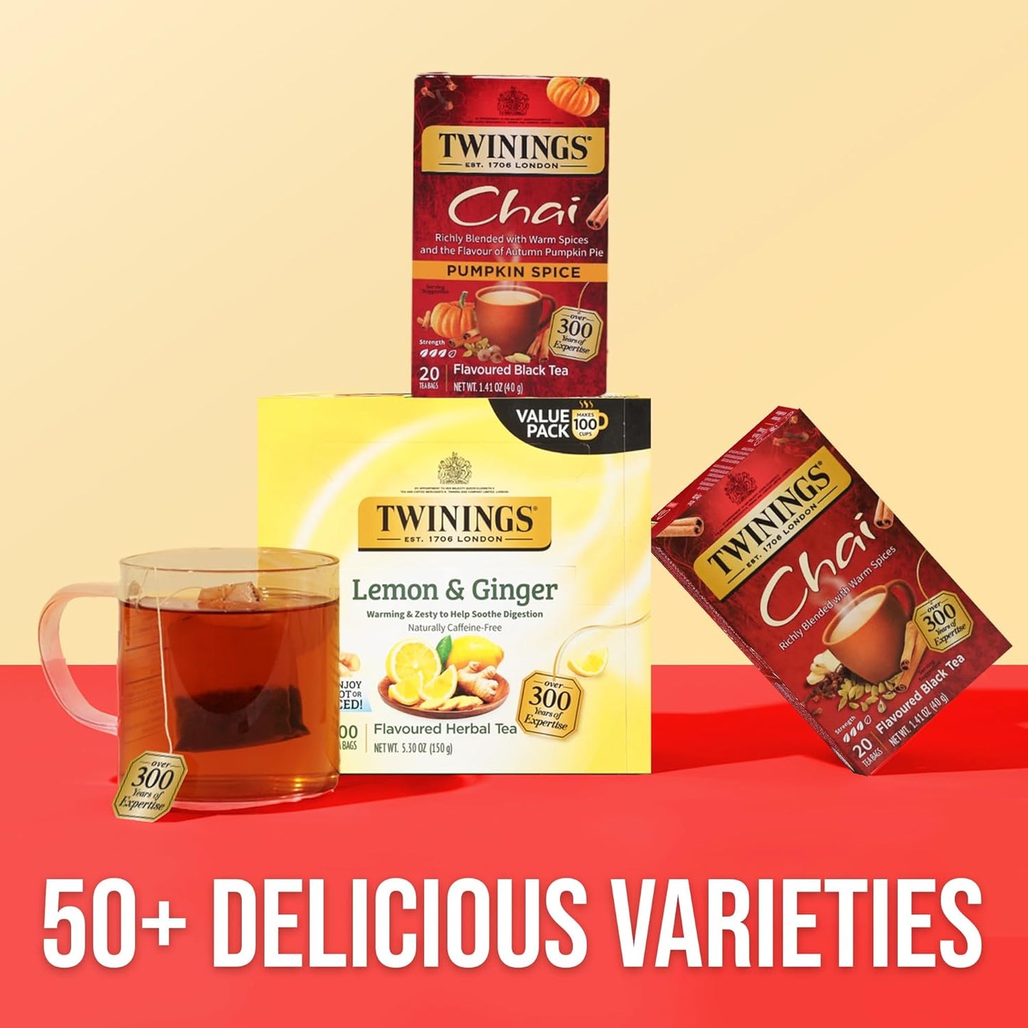 Twinings Pumpkin Spice Chai Black Tea - Warm & Spicy Flavor, 20 Individually Wrapped Bags, Pack of 6