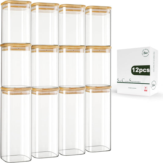 LIBWYS Square Glass Storage Jars - 12-Pack with Bamboo Lids | Stackable Food Containers for Pantry Organization (0.6Qt/1.06Qt)