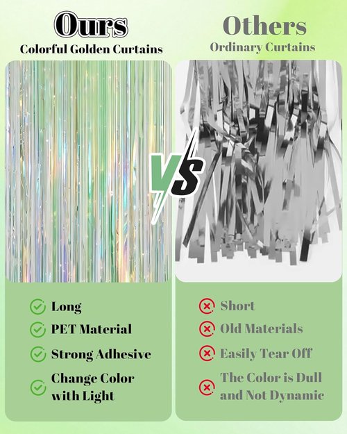 Iridescent Green Party Streamers - 2 Pack Neon Holographic Tinsel Foil Fringe Curtains | 3.31 x 6.6 ft