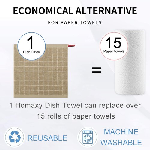 Homaxy 100% Cotton Terry Kitchen Dish Cloths, Ultra Soft and Absorbent Dish Towels for Kitchen, Perfect for Drying and Washing Dishes, 12 Pack, 12 x 12 Inches, Tan