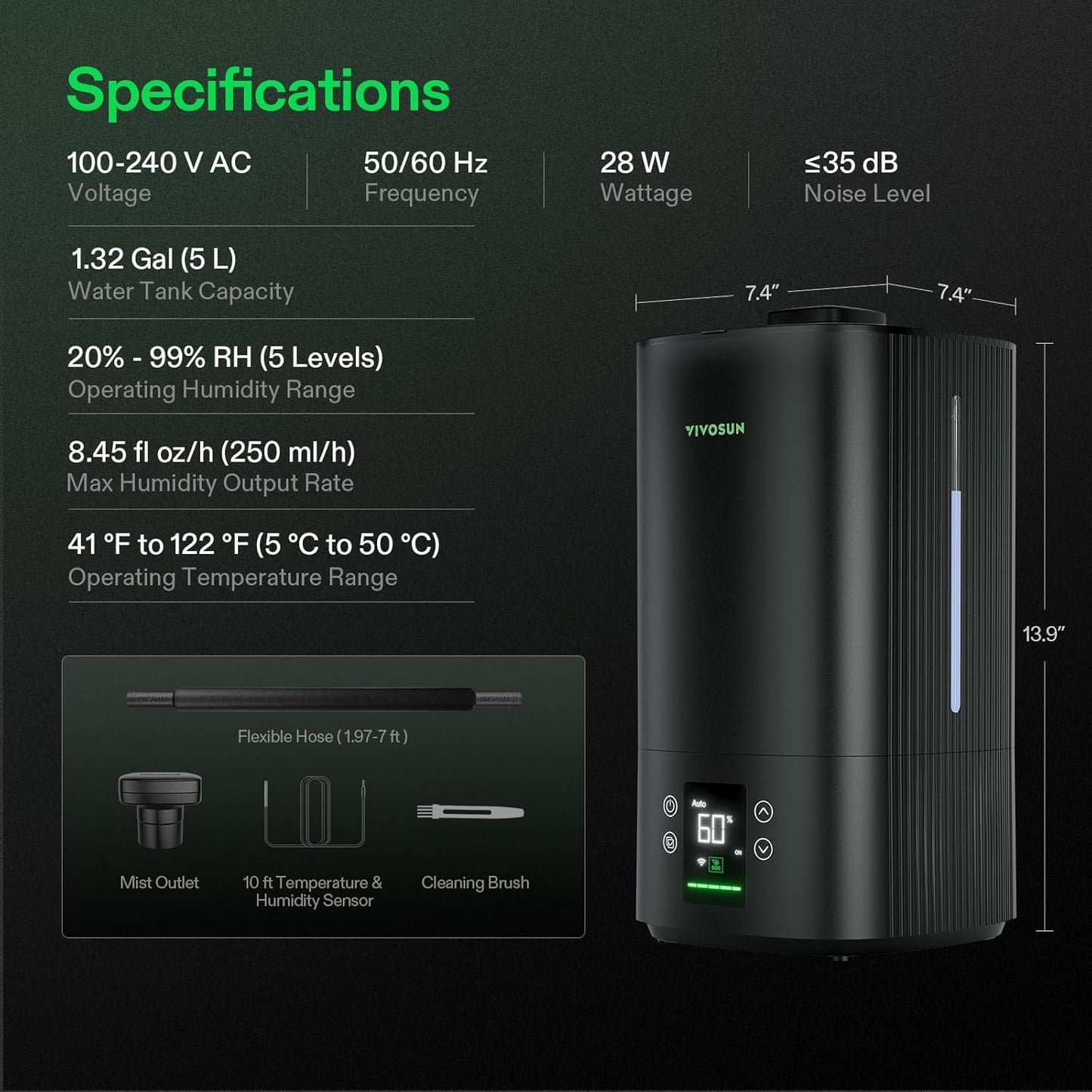 VIVOSUN AeroStream H05 Wi-Fi Humidifier - 1.32 Gal Smart Control with Temp & Humidity Probe