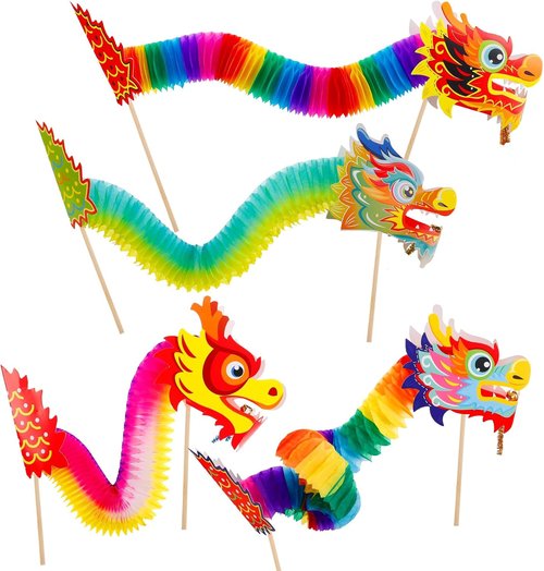 Chinese New Year Paper Dragon Decorations - 3D Hanging Garland & Handheld Toys for Kids | 8 Pcs Set