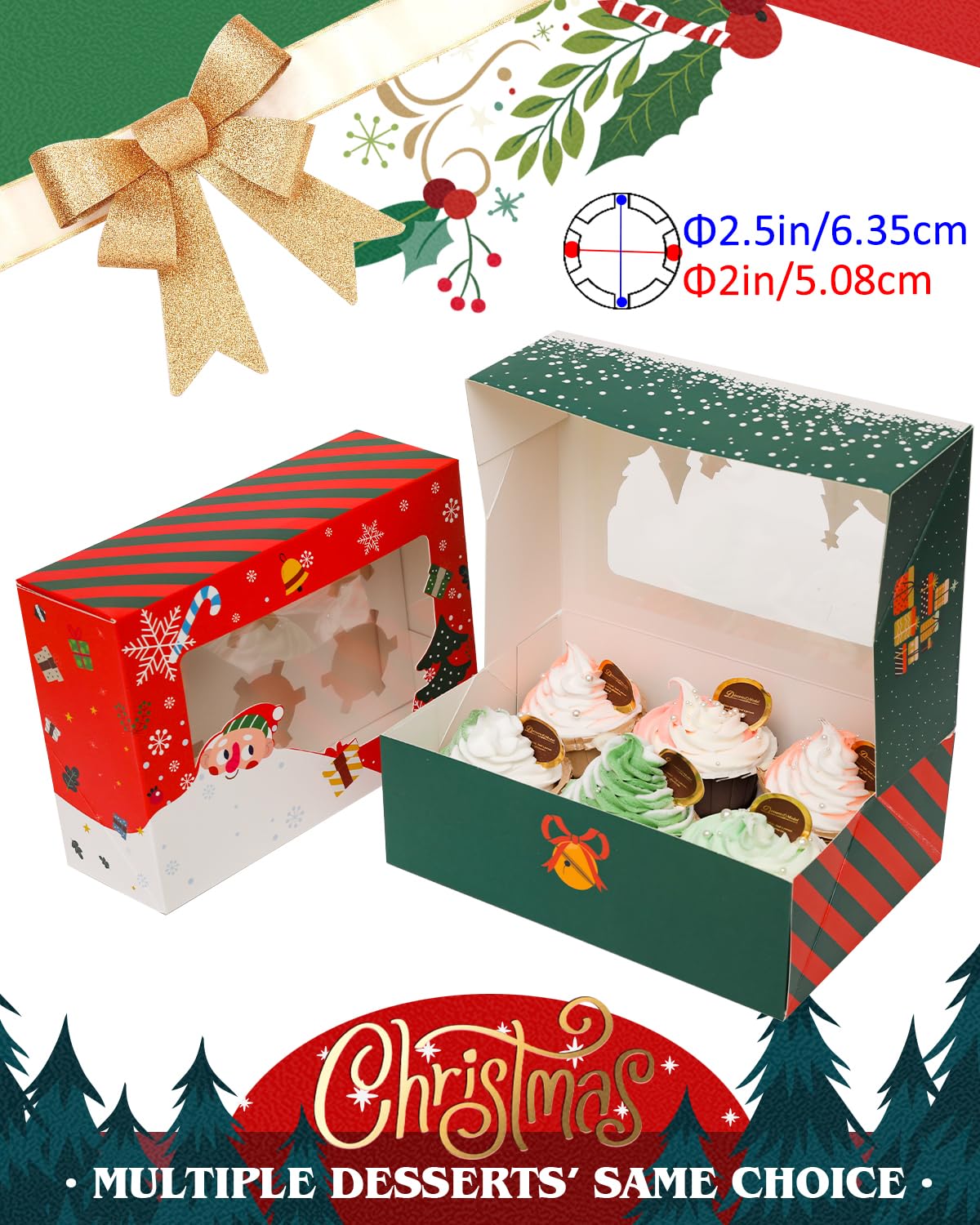 qiqee Christmas 6 Cupcake Boxes with Window 30 Packs Cupcake Box 9.4x6.1x3 inch Bakery Boxes For Cupcakes Carrier, Cupcake Containers