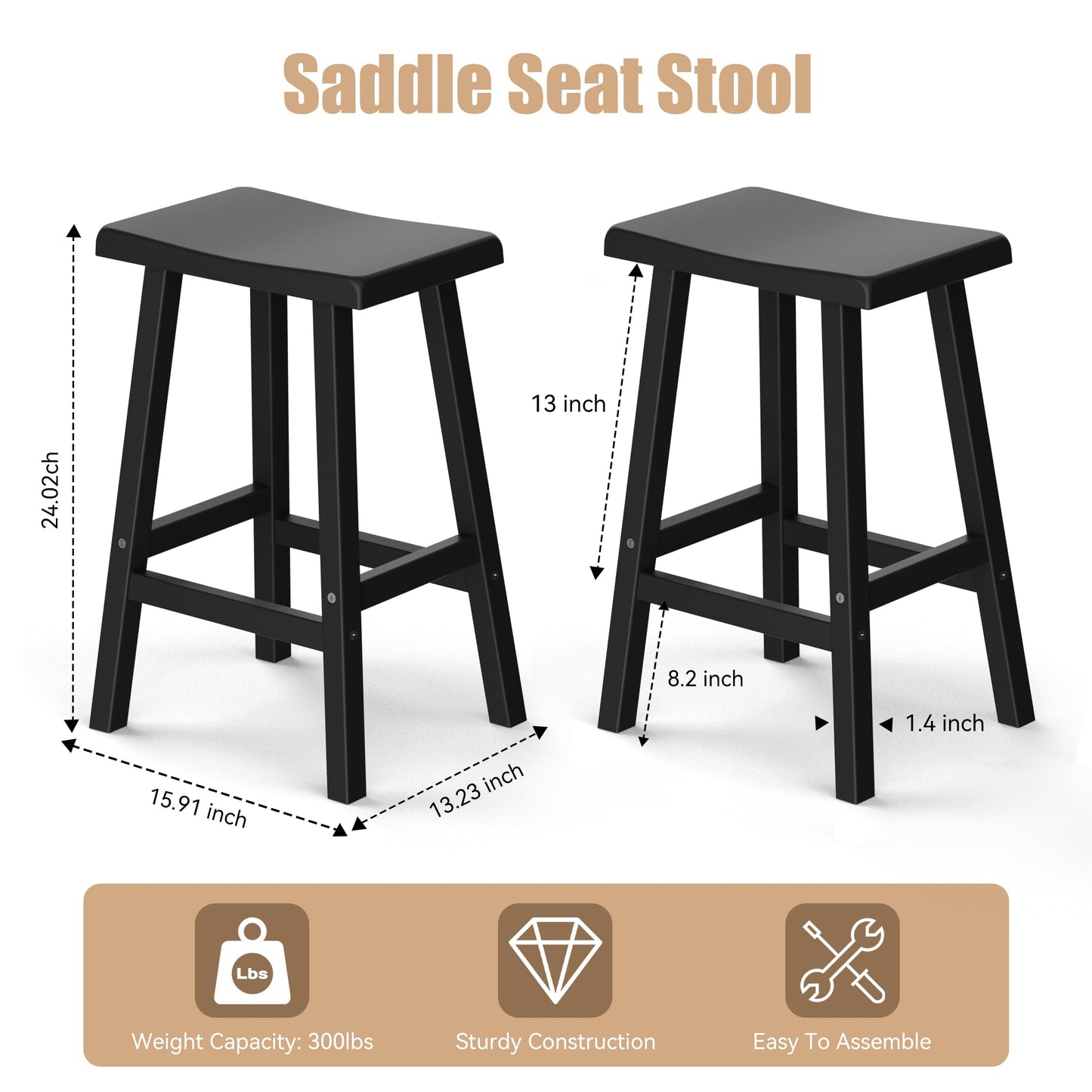 PatioZen Bar Stools Set of 2, Waterproof UV-Resistant,Durable Resin Kitchen Island Chairs for Indoor & Outdoor Use, Modern Design for Home,Bar,and Cafe (24'' Black-2)