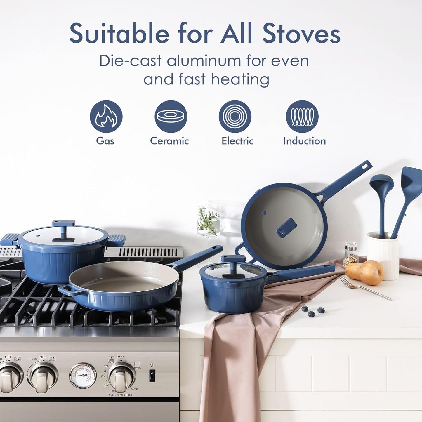 SENSARTE 15-Piece Nonstick Cookware Set - Durable Ceramic Saucepan with Lid | Easy Clean & Cook