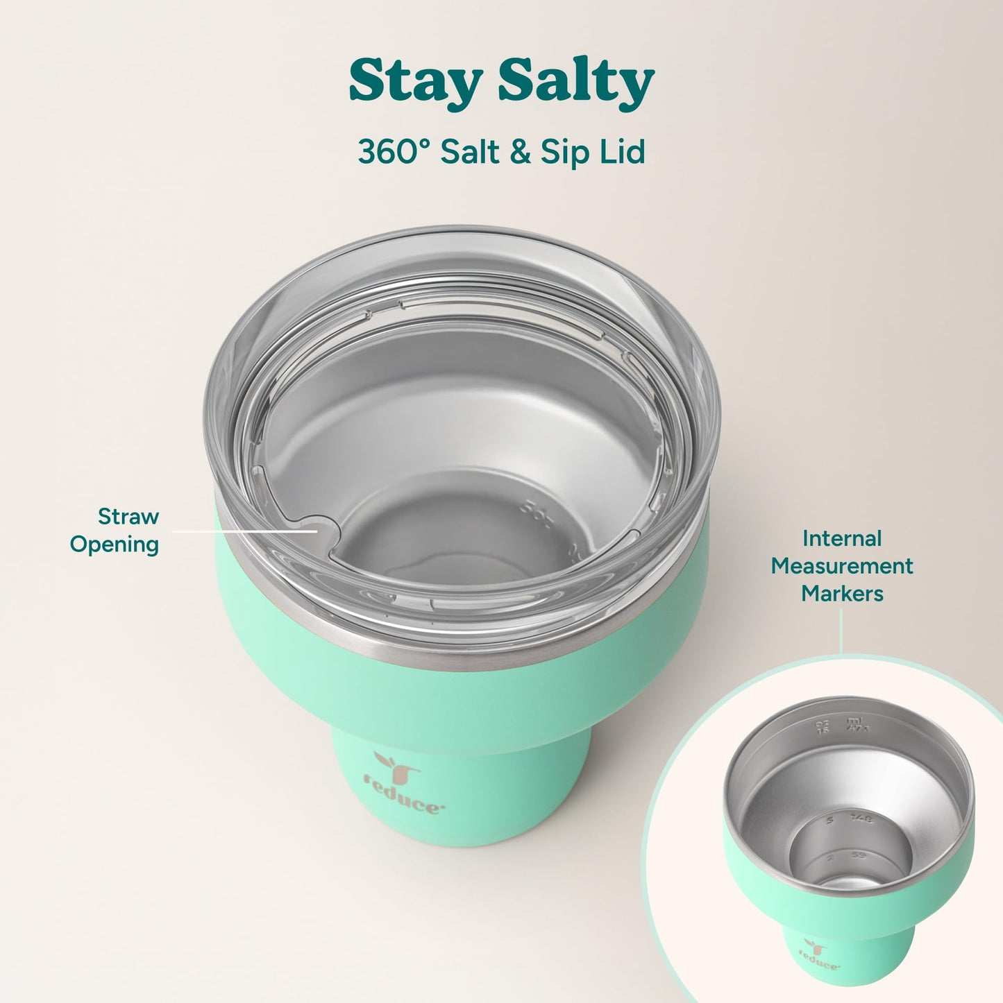 REDUCE Saltini 16 oz Cocktail Tumbler - Insulated Margarita Tumbler with Lid - Keeps Drinks Cold for 10 Hours - 360 Sippable Martini Glass Alternative - Shatterproof, Perfect for Parties - Saltwater