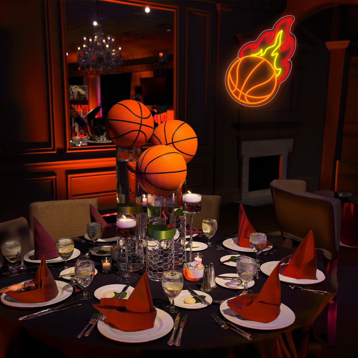 Basketball Neon Sign, Orange Red Yellow Basketball Fire Led Sign for Boys Bedroom Wall Decor, Dimmable Basketball Flame Light Up Sign for Man Cave Kids Gift Sports Fans Birthday Party Room Decoration
