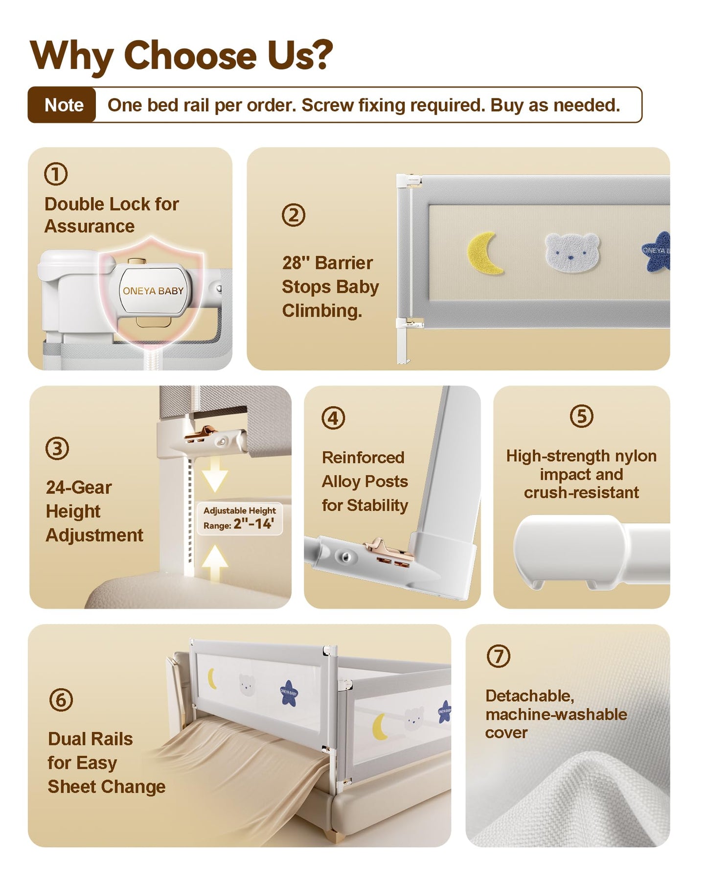 Baby Bed Rail Guard for Toddlers, Reinforced 74.8in Toddler Bed Rails for Twin, Full, King Bed with Height Adjustable, Extral Tall Child Safety Side Railing Guards/Bedrail for Kids, Grey Star, 1 Side