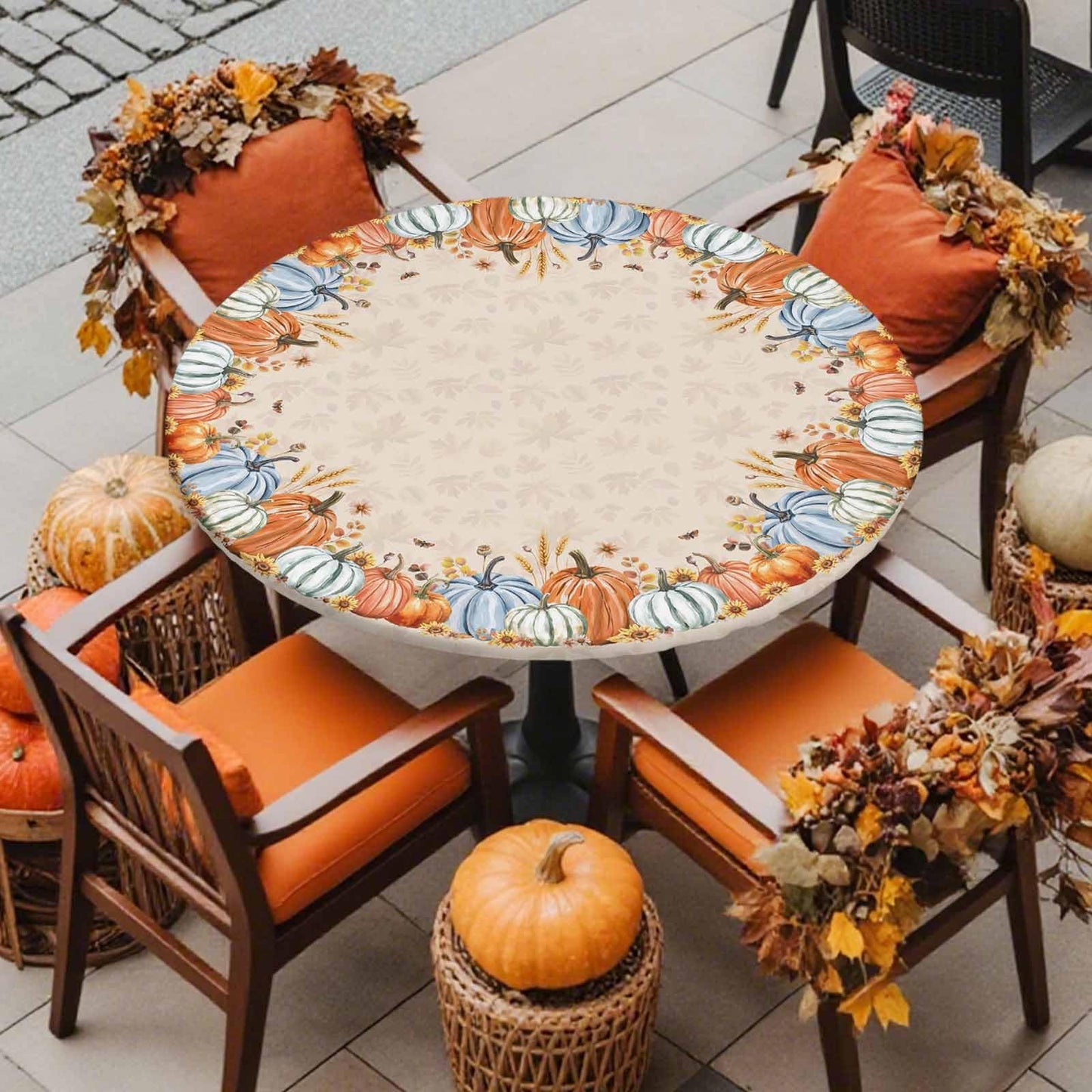 Thanksgiving Round Fitted Tablecloth 45-54inch, Autumn Pumpkin Sunflower Table Cover with Elastic Edged Waterproof Spillproof Table Cloths for Kitchen Dining Patio Holiday Tables, Fall Maple Leaves