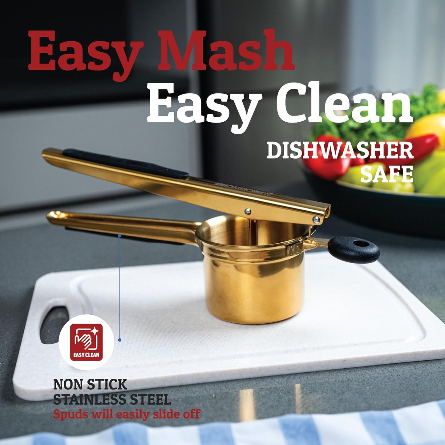 PriorityChef 15oz Potato Ricer - Heavy Duty Stainless Steel Masher for Perfect Mashed Potatoes | Gold & Black