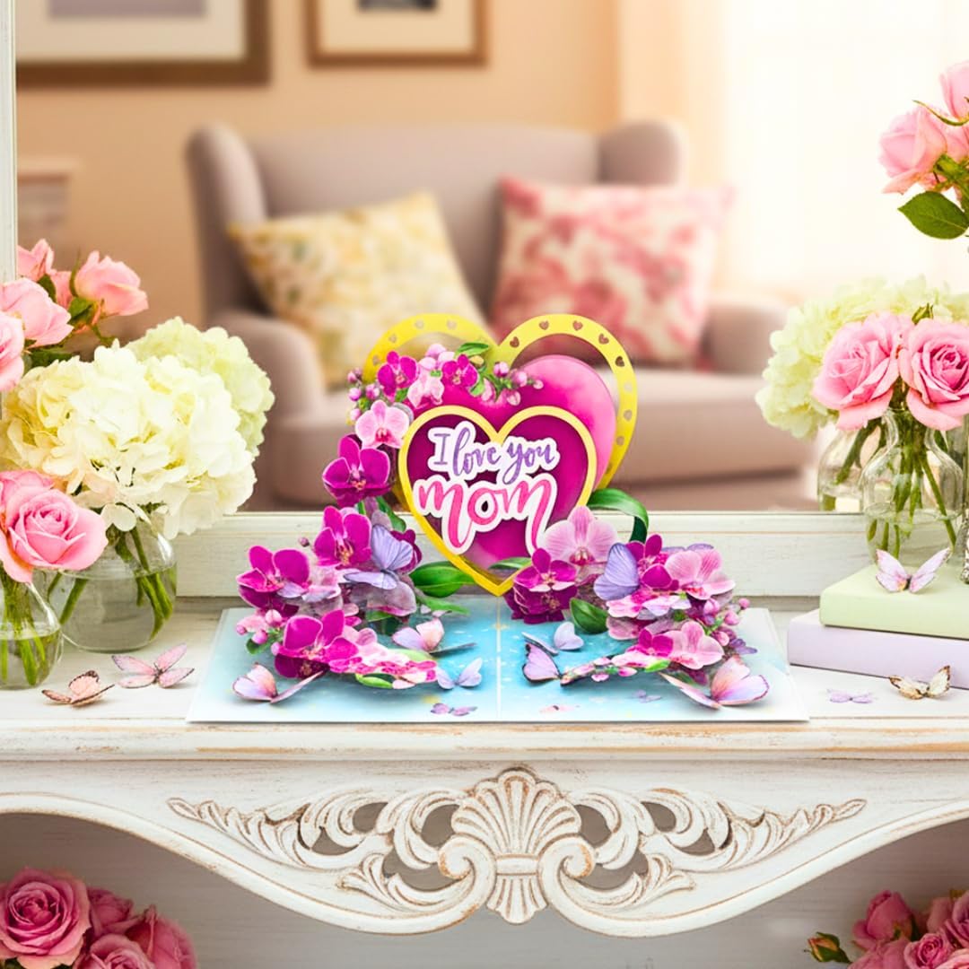 PIECE GIFT 3D Pop-Up Mother's Day Card - 'I Love You Mom' Orchid Flower Design | Premium Greeting Card with Envelope