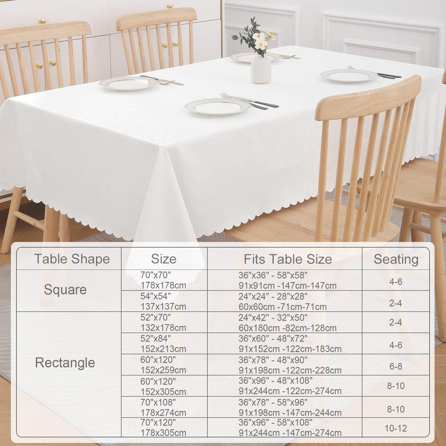 Smiry Rectangle Table Cloth, Waterproof Heavy Duty Vinyl Tablecloths, Wipeable Washable Table Cover for Kitchen and Dining Room (White, 70" X 108")