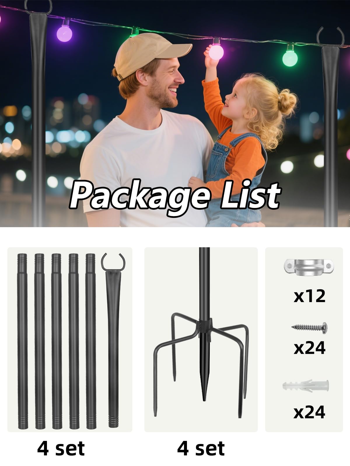 LRYXEG String Light Poles for Outside 4 Pack, 10ft Metal Outdoor String Light Poles for Deck - Ideal for Patio, Garden, Yard, Front Porch Decorations, Black