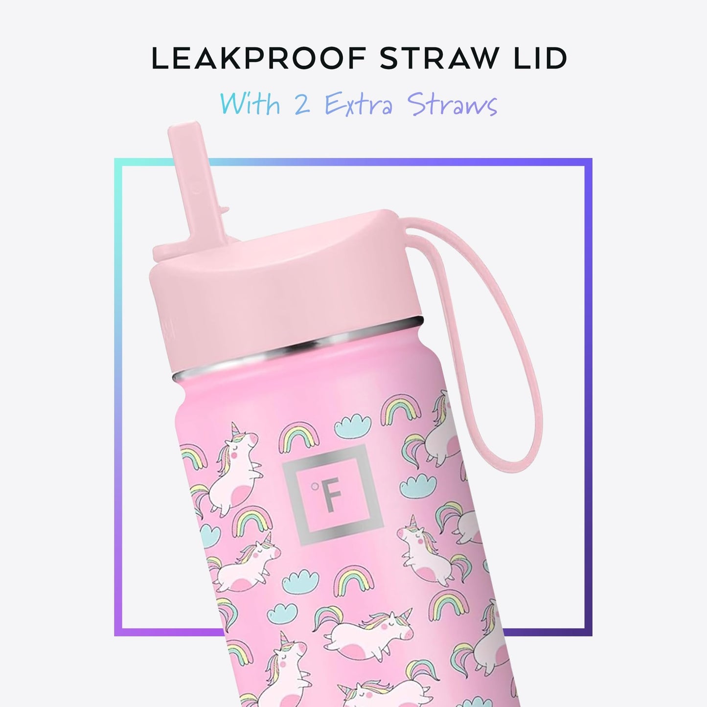 IRON °FLASK Kids Water Bottle - Straw Lid, 20 Name Stickers, Vacuum Insulated Stainless Steel, Double Walled Tumbler Travel Cup, Mug - Stardust Unicorns, 14 Oz