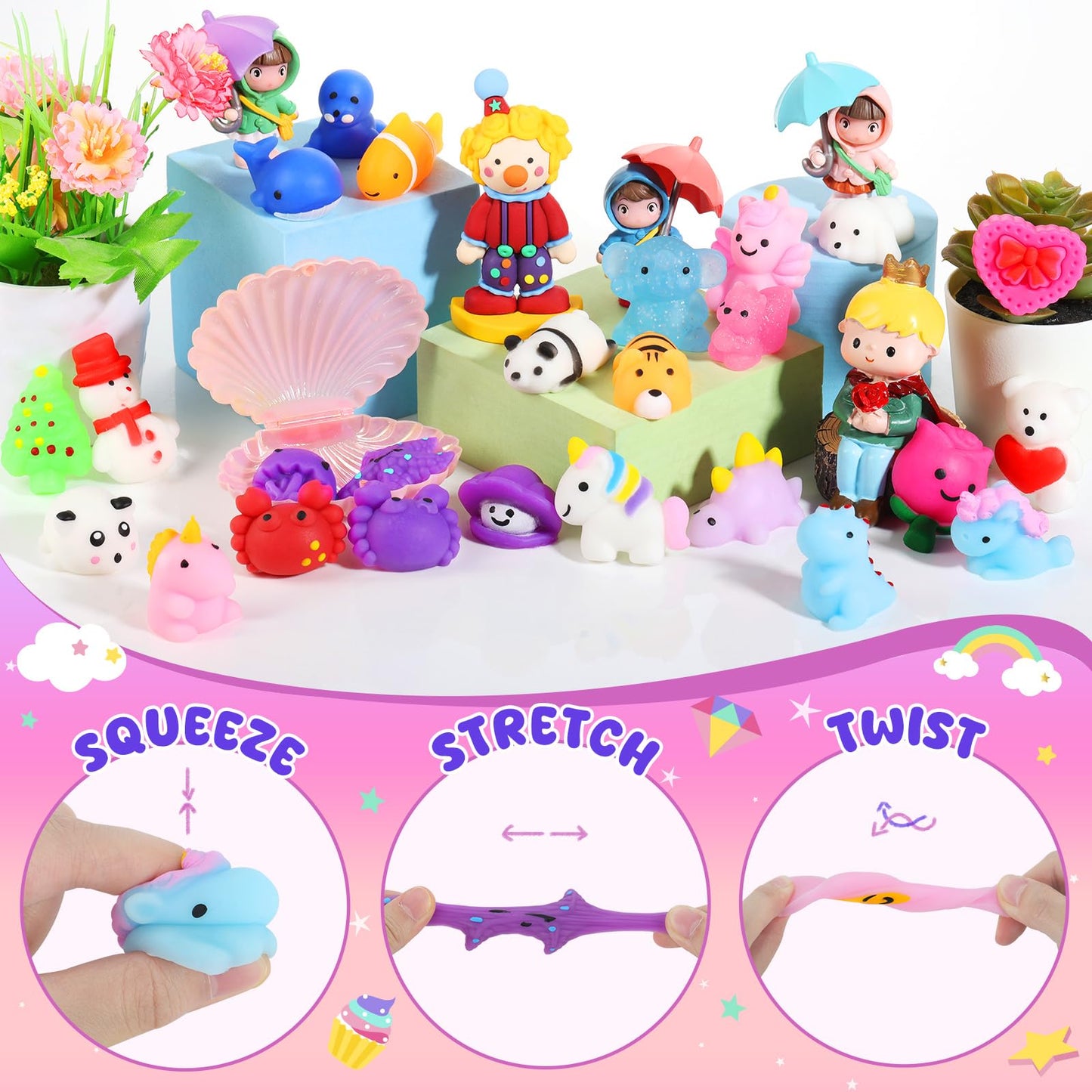 Zefy 80 Pcs Mochi Squishy Toys with Cards, Squishy Fidget Toys Valentine Party Favors for Kids 4-12, Classroom Prizes Treasure Box for Pinata Stuffers Goodie Bags Easter Basket Birthday Gifts