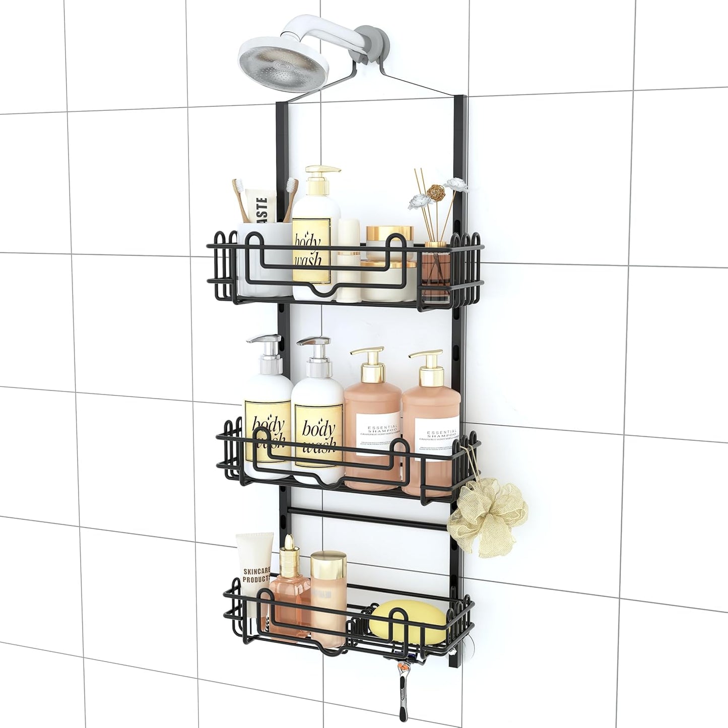 SWTYMIKI Shower Caddy - 3-Tier Rustproof Hanging Organizer with Adjustable Baskets & Hooks | Black Bathroom Storage Rack