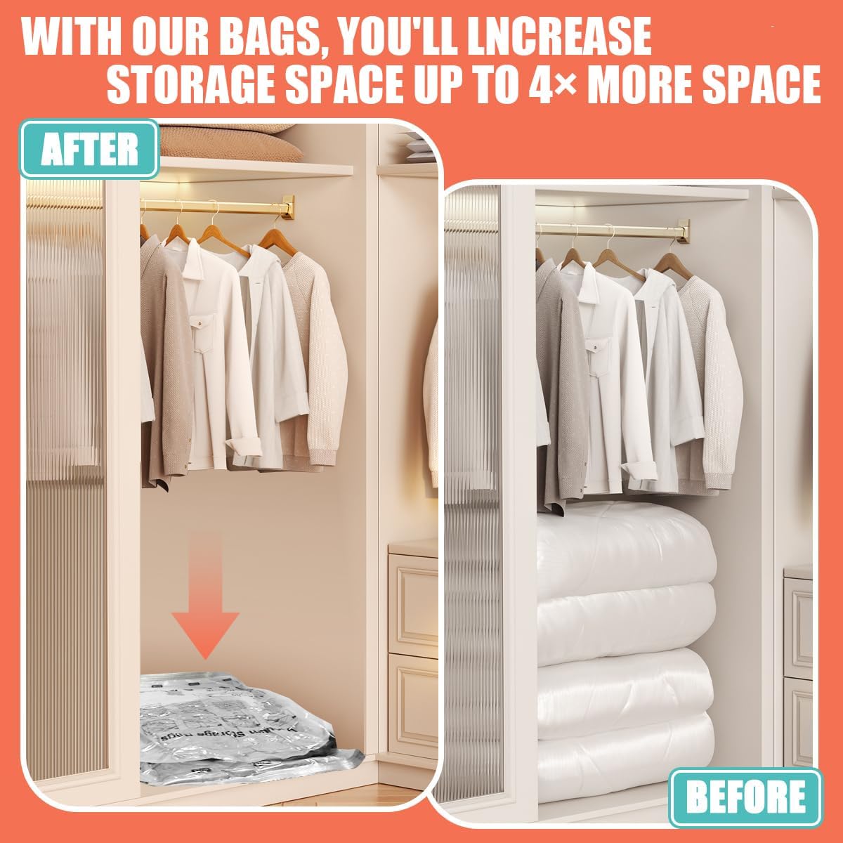 Skiennix Vacuum Storage Bags - Space Saver for Comforters & Blankets | 6 Medium Compression Bags with Hand Pump