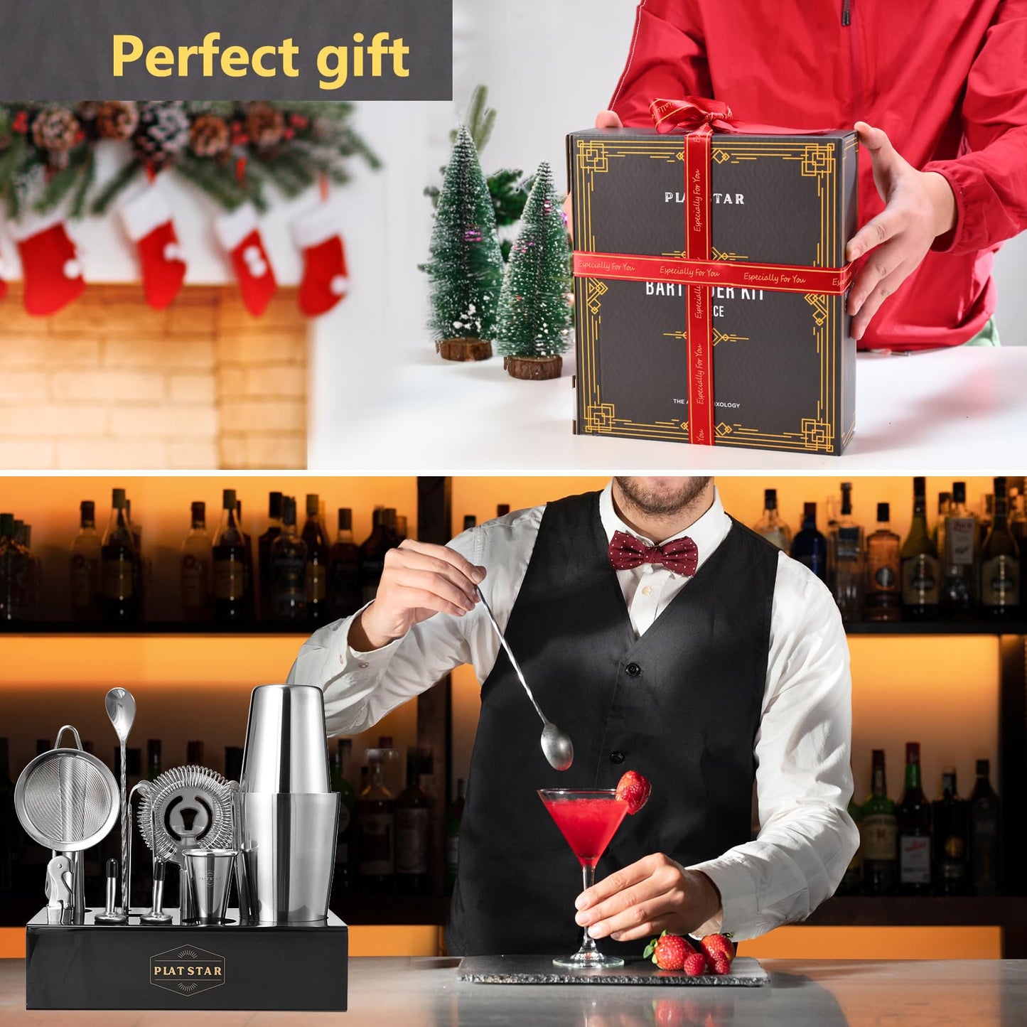 Plat Star Mixology Bartender Kit with Stand, Home Bar Set Cocktail Shakers Bartending Kit, Bar Tools Boston Shaker Set, Professional Drink Mixing Martini Making Barware with Recipe Book