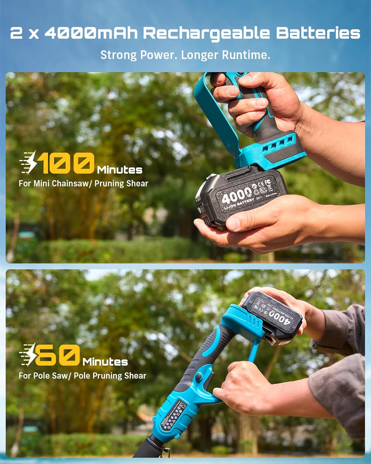 SEESII 4-in-1 Pole Saw & Pruning Shears Kit - 6-Inch Mini Chainsaw for Tree Trimming | Battery Powered with 2 x 4000mAh Batteries