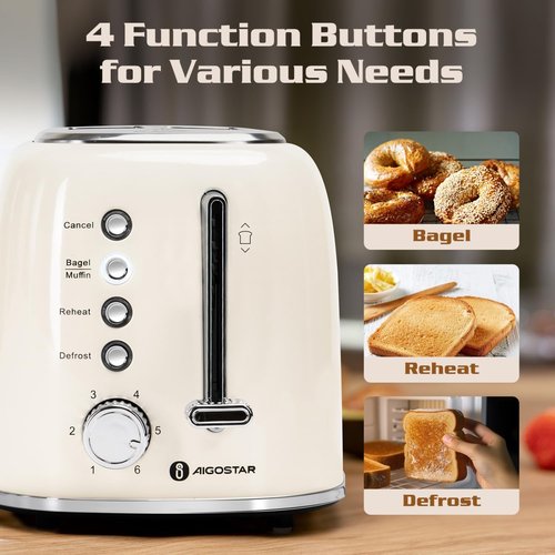 Aigostar Toaster - Retro 2-Slice Extra-Wide Slot Design | Perfect for Bagels, Breads & Waffles - Cream White