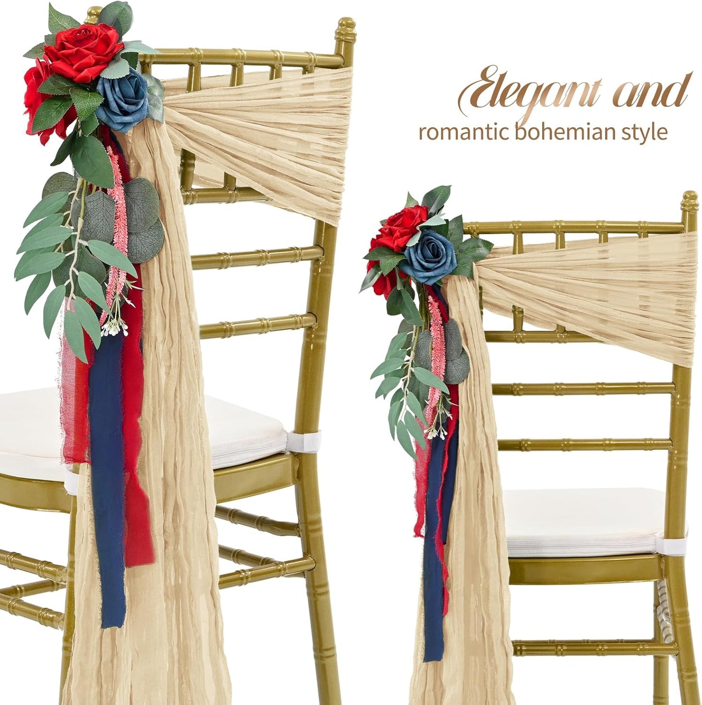 Skiennix 50 PCS Cheesecloth Chair Sashes - Elegant Beige Bows for Wedding & Event Decor