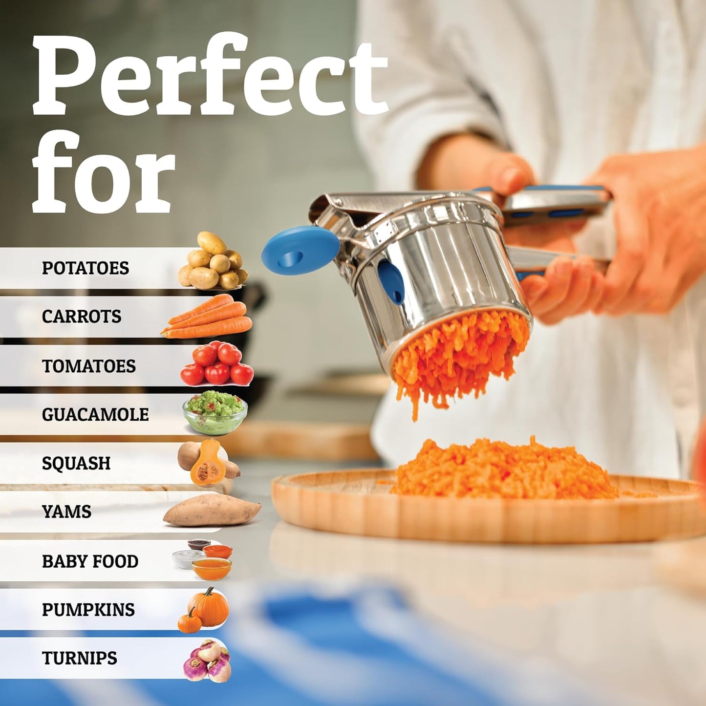 PriorityChef 15oz Potato Ricer - Heavy Duty Stainless Steel Masher for Perfect Mashed Potatoes | Blue