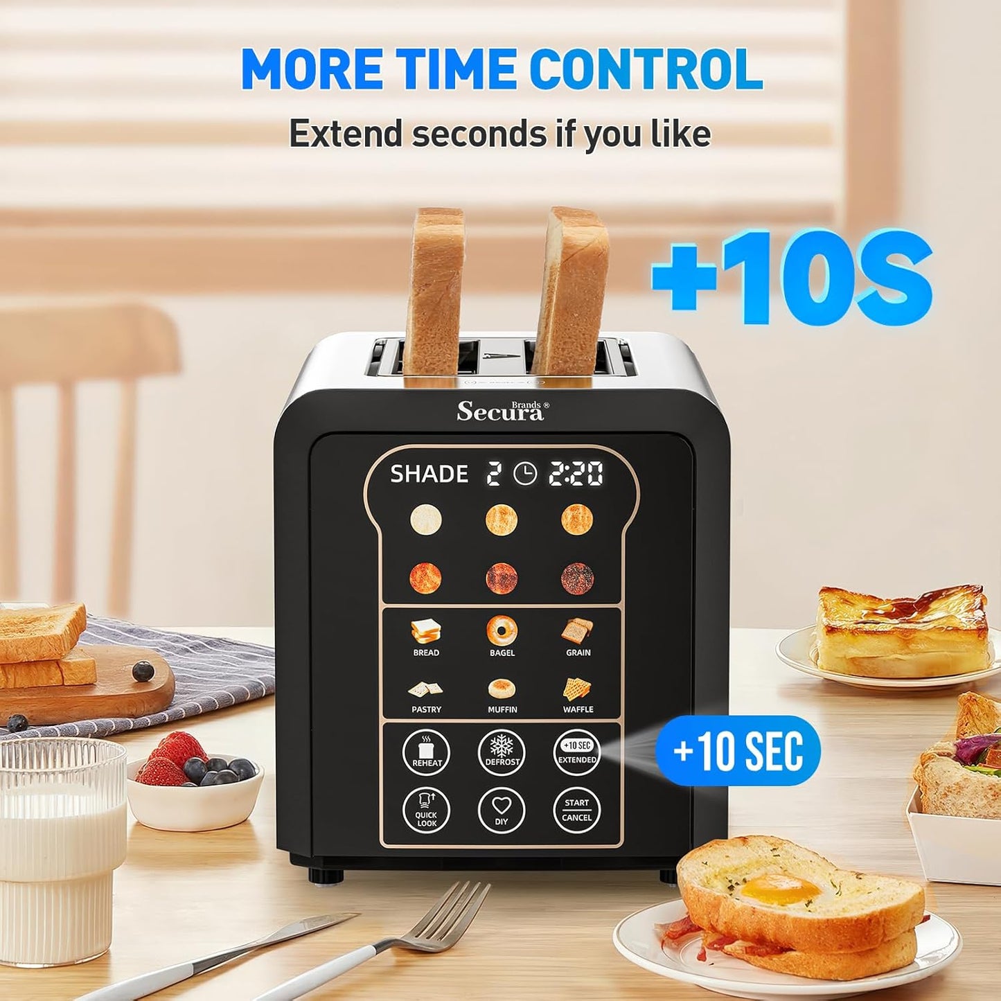 Secura Brands 2-Slice Smart Toaster - Touch Screen Control, Digital Timer & Custom Memory Settings
