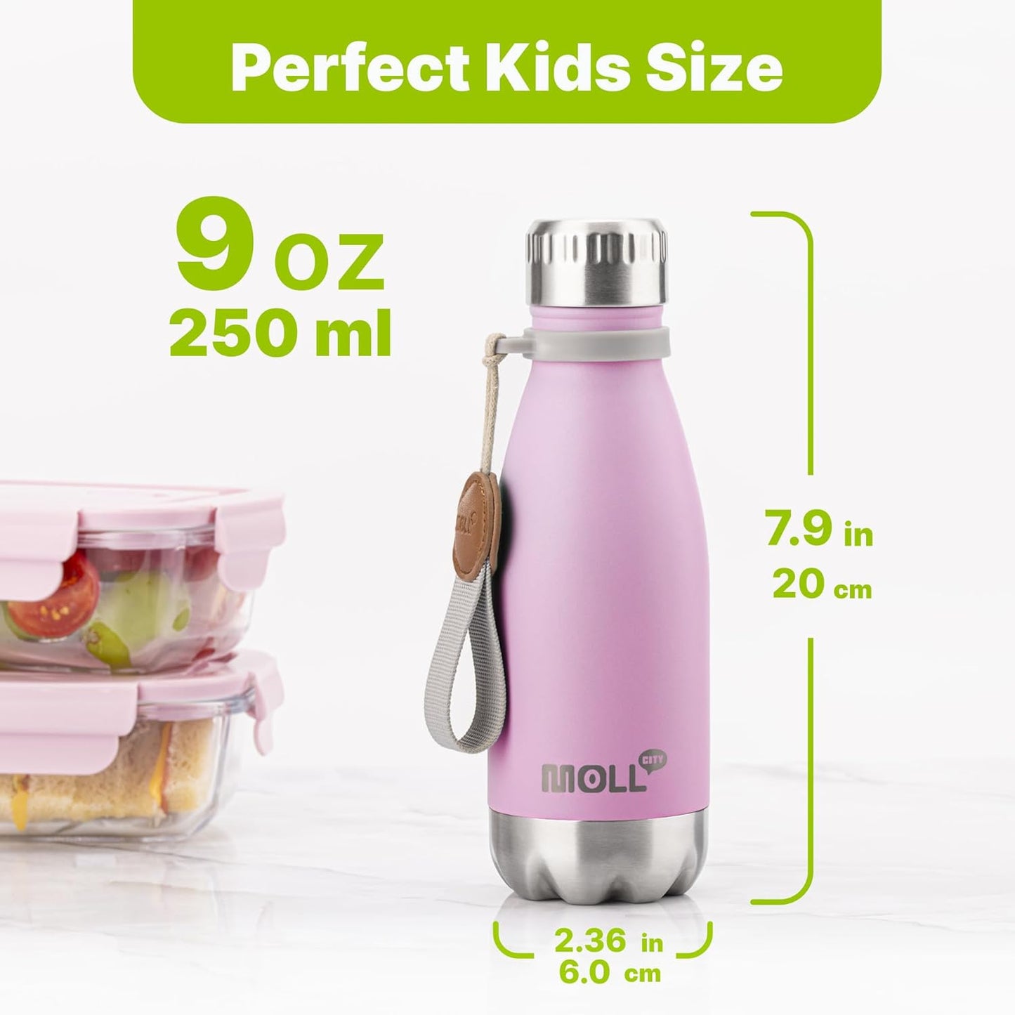Skiennix 9 oz Kids Water Bottle - Insulated Stainless Steel, Leak Proof, Mini Cola Shape | Pink/Purple