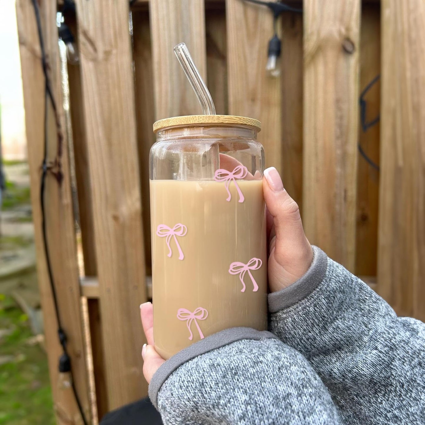 Mikopei Coquette Aesthetic Glass Cups with Lids and Straws - Pink Bow Iced Coffee Cup Decor, Cute Tumbler Smoothie with Cleaning Brush&Gift Box, Gifts for Girls Women Friends, 16 oz