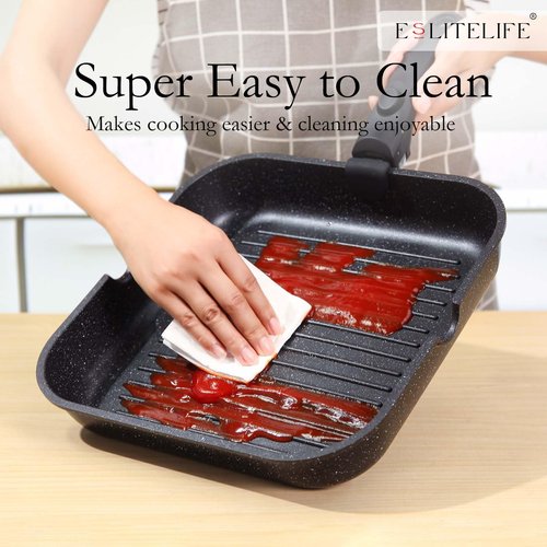 ESLITE LIFE Nonstick Grill Pan with Detachable Handle, Versatile Square Skillet for Indoor Cooking & Outdoor Grilling, PFOA Free, Black-11 Inch