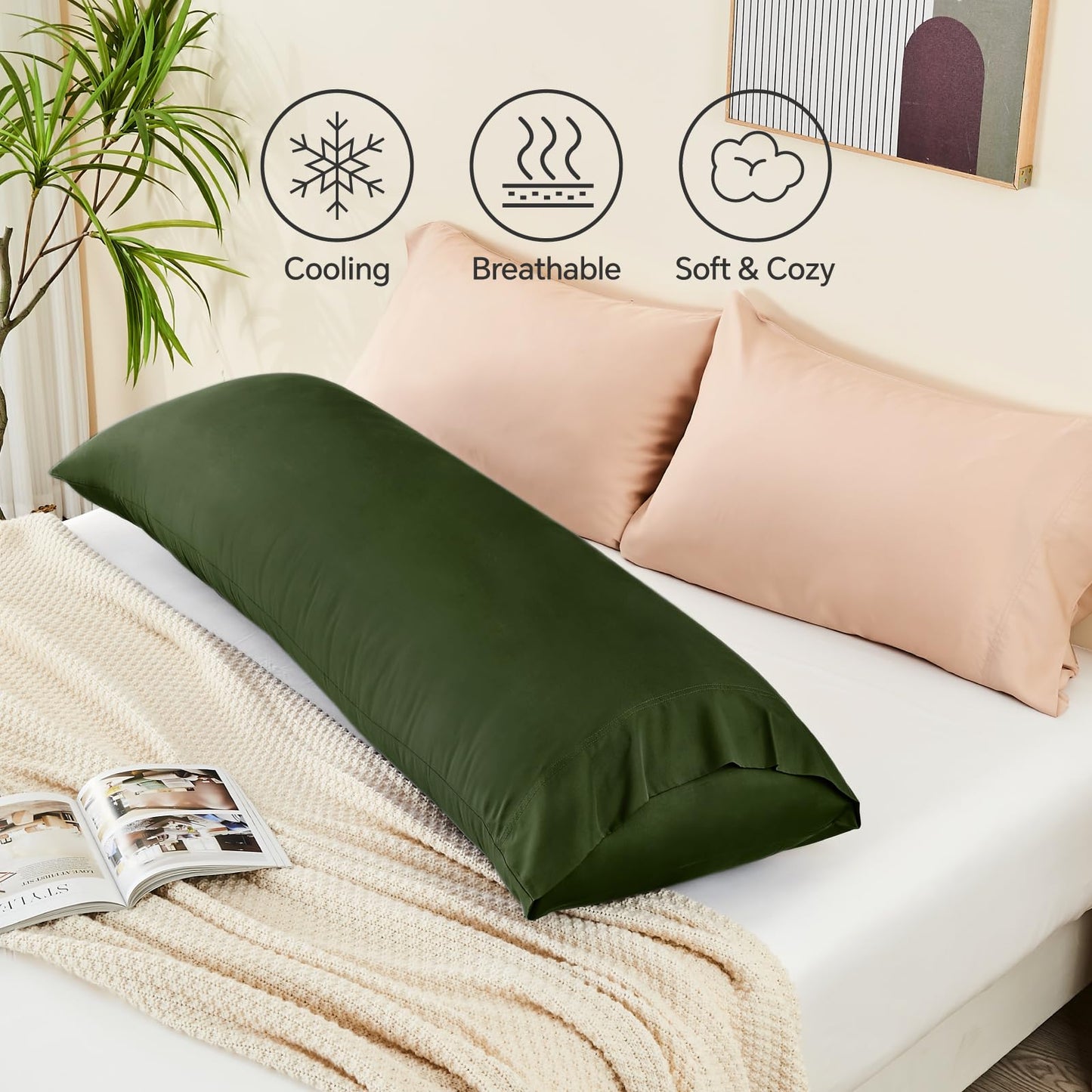 BEDELITE Body Pillow Cover, Rayon Made from Bamboo, Cooling Body Pillow Pillowcase for Hot Sleepers and Night Sweats, Breathable & Silky Soft Full Long Pillow Case Cover (Olive Green, 20x54 Inches)