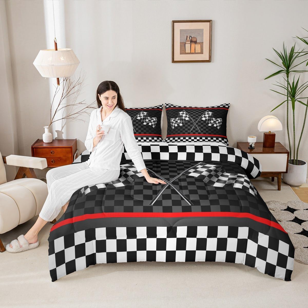 Basketball Kids Comforter Set Full Size,Geometric Basketball Court Abstract Bedding Set,Boys Girls Adults Room Decor,Ball Sports Games Down Comforter,Red Black Fashion Duvet Insert,2 Pillowcases