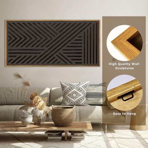 IARTTOP Extra Large Black Wood Wall Art - 20x40 Inch Framed Abstract Geometric Decor for Modern Spaces
