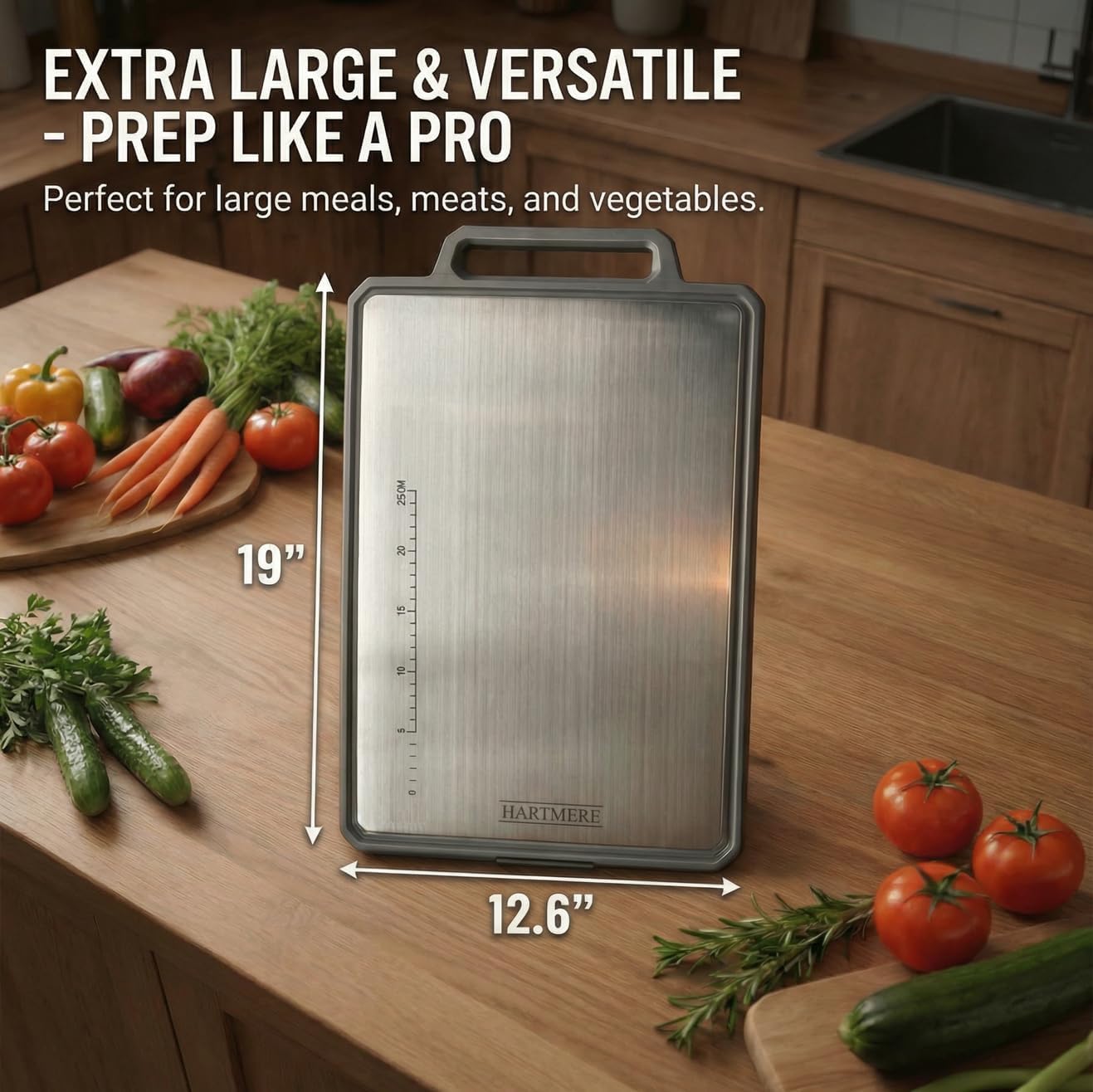 Skiennix Extra-Large Stainless Steel Cutting Board - 19"x12.6" | Dishwasher Safe with Juice Groove & Built-in Handle