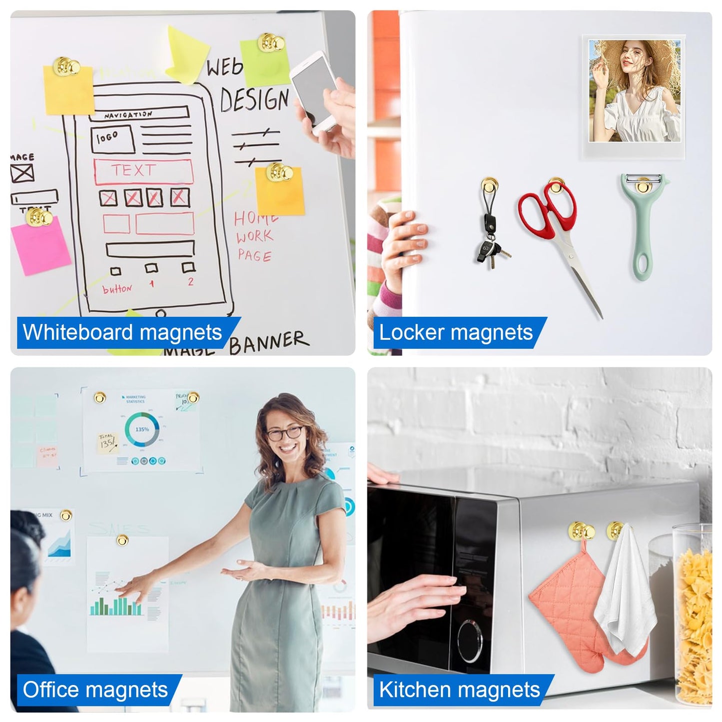 LOVIMAG Fridge Magnets 16Pcs Refrigerator Whiteboard Small Strong Magnet Classroom Kitchen Accessories Decorative Locker Set Decor Must Haves Office Calendar Refrigerador Magnetic Cute Crafts Gold