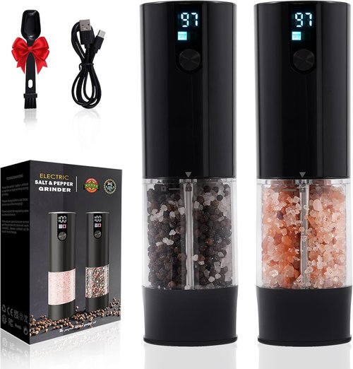 Fresh World Electric Salt and Pepper Grinder Set - Rechargeable, LED Light, Adjustable Coarseness | Black, 2-Pack