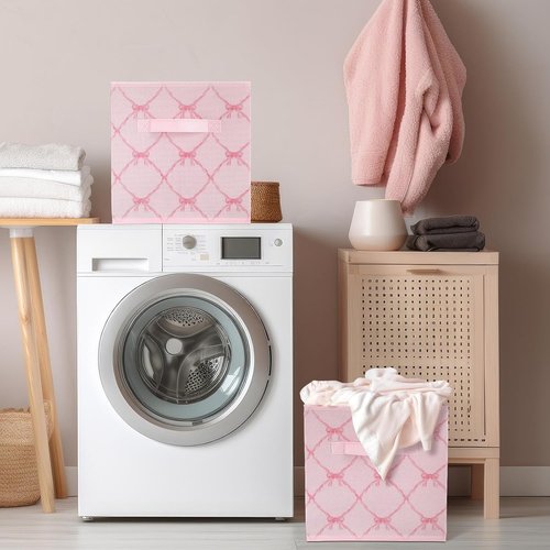 Geelin 6 Pcs Light Pink Bow Storage Bins - 11 Inch Collapsible Organizer Baskets for Home & Office