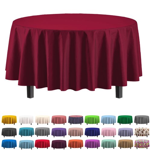 Exquisite Party Solids 6-Pack Premium Plastic Tablecloth 84in. Round Plastic Table Cover - Burgundy