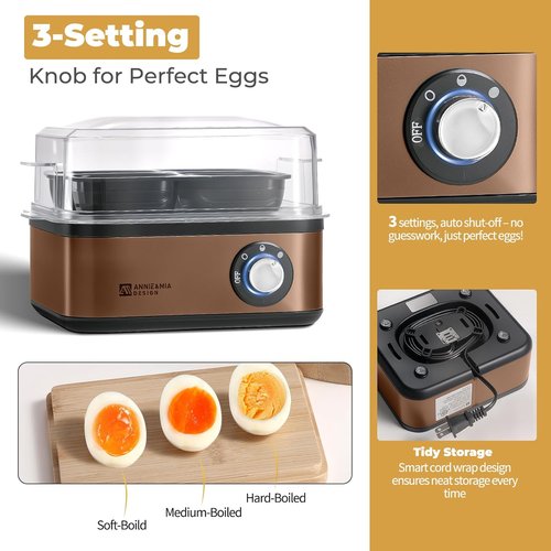 Annie & Mia Design Stainless Steel Egg Cooker - 8 Egg Capacity, 500W, Auto Shut-Off, Recipe Guide (Gold)