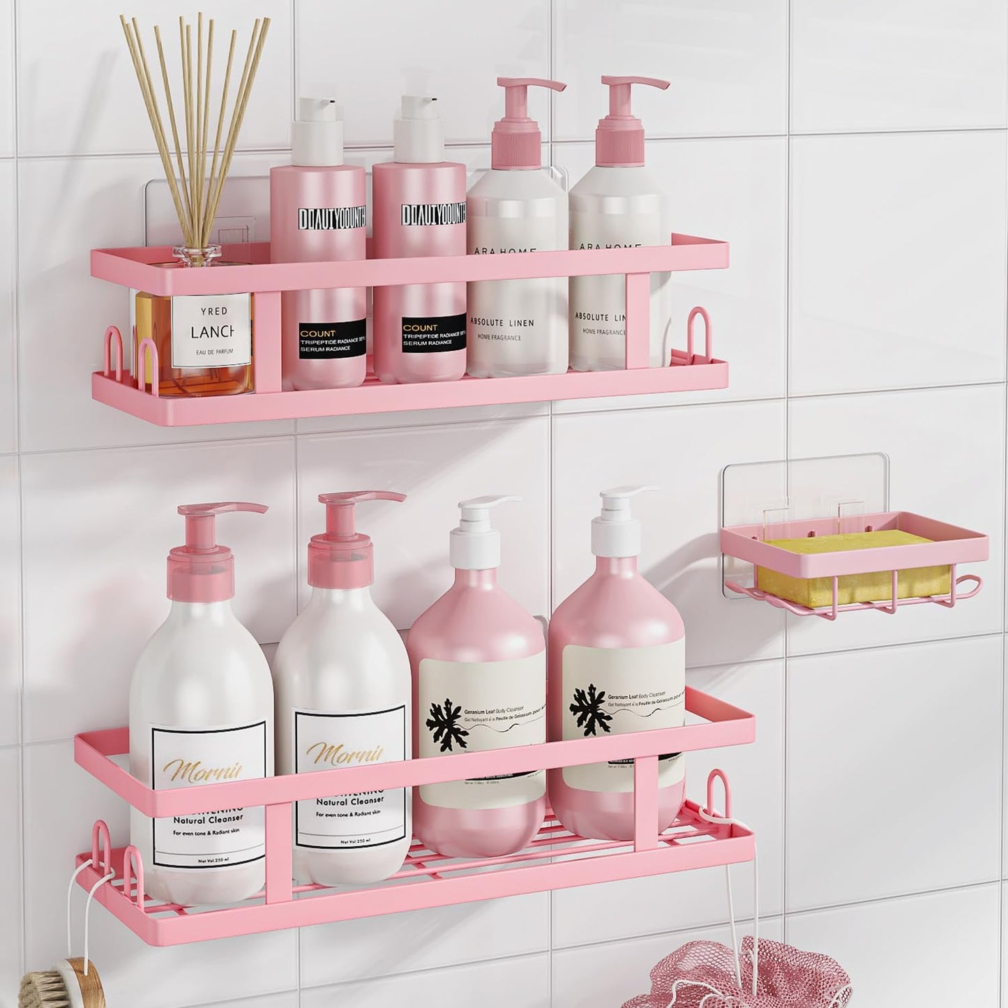 Youvip Adhesive Shower Caddy - No Drilling Bathroom Organizer with Soap Holder & 12 Hooks | Pink, 3 Pack