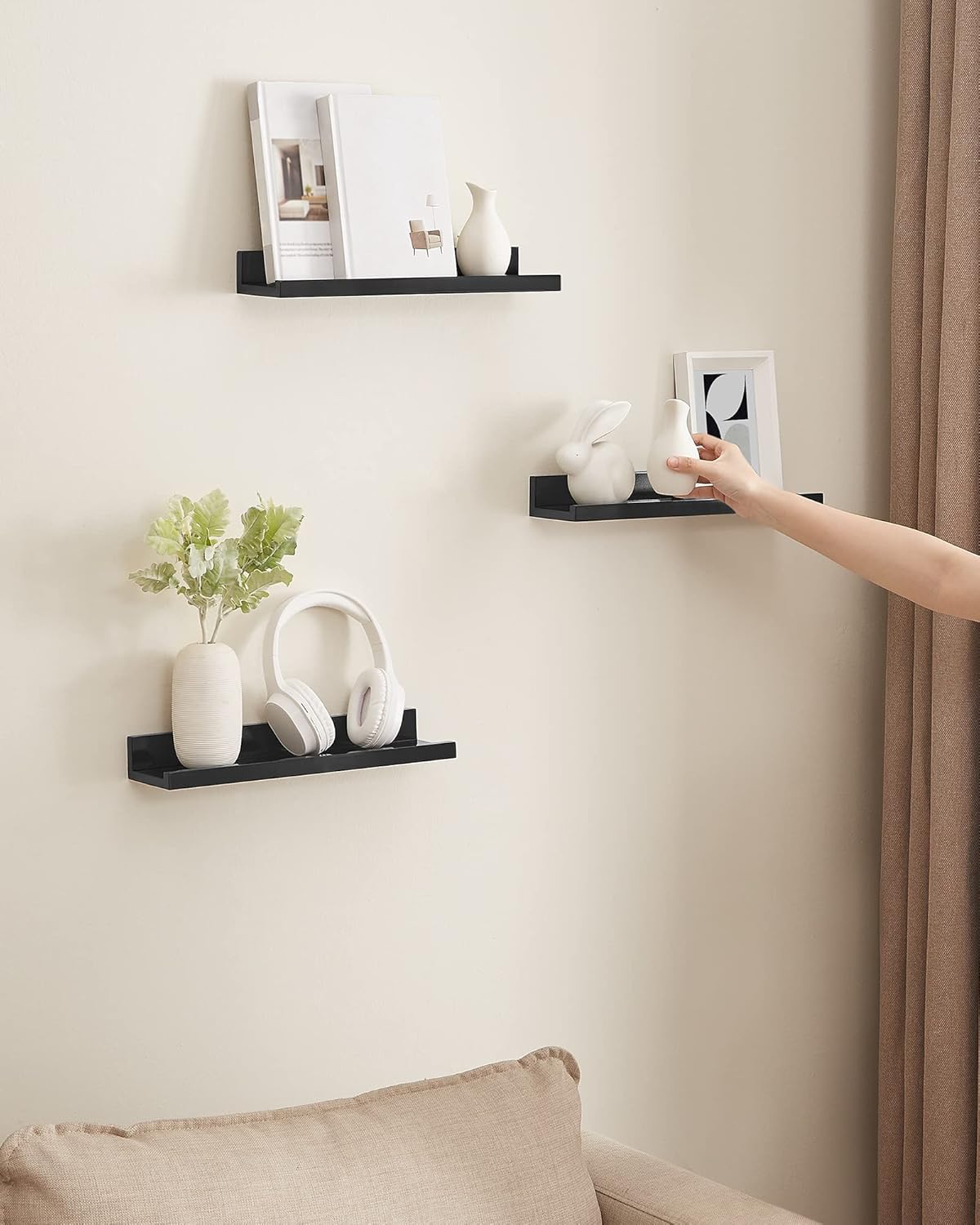 SONGMICS Floating Shelves - Set of 3 Stylish 15-Inch Wall Shelves for Home Decor | Black