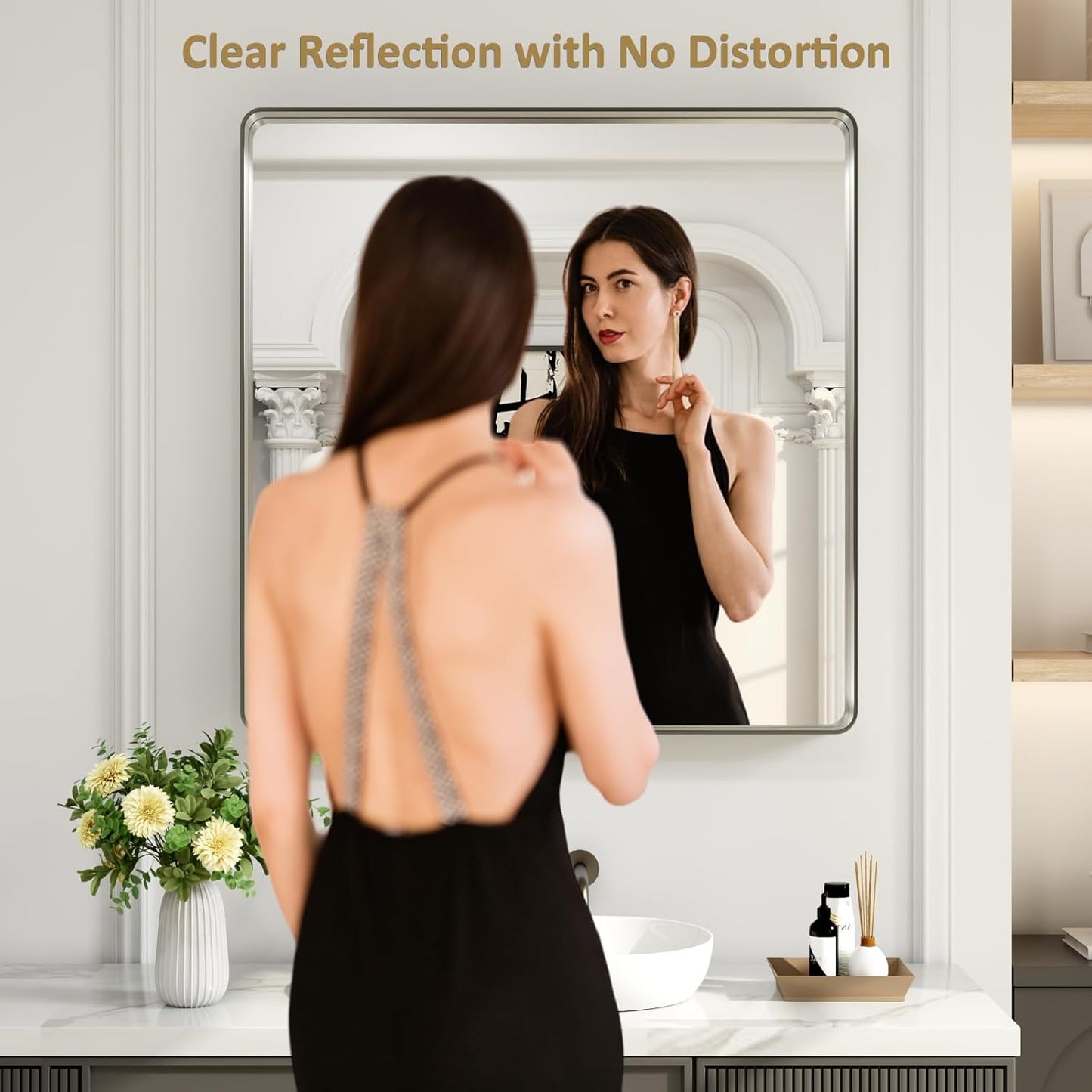 LOAAO Brushed Nickel Bathroom Mirror - 38x38 Inch Rounded Rectangle Design | Anti-Rust, Shatterproof, Versatile Hanging Options